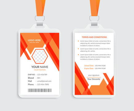 Employee id card template with orange and red design elements