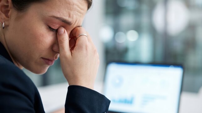 Digital Eye Strain and Workplace Fatigue Concept: Close-Up of Young Woman Rubbing Irritated Eye at Office Desk