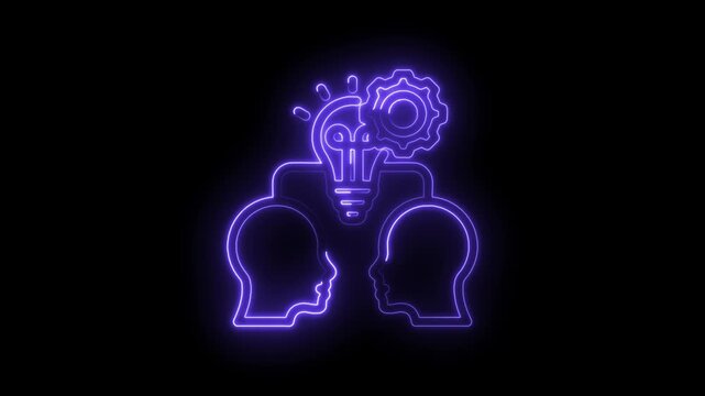 Two heads connecting ideas with glowing lightbulb and gear animation representing icon
