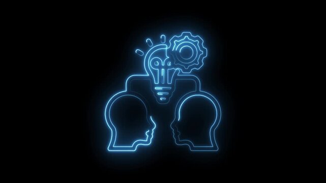 Two heads connected by a glowing lightbulb and gear symbol representing shared ideas... icon