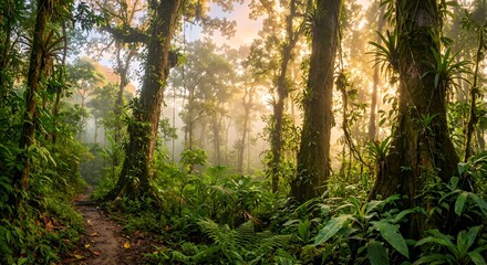 Obraz premium Tropical Rainforest Sunrise with Mist and Golden Light