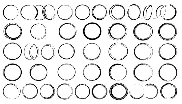 Collection of grunge distressed circle frames, abstract textured outlines, imperfect round shapes, vintage design elements