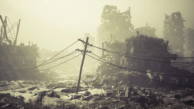 tilted power pole in foggy ruined street, muddy foreground with scattered rubble and tufts of grass, thin sunlight piercing haze, abandoned vehicles