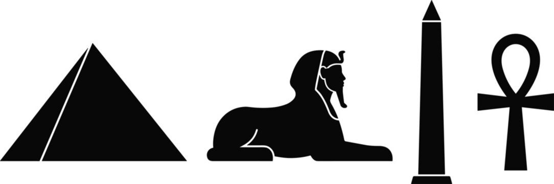 Ancient Egypt Icon Set Featuring Giza Pyramid Great Sphinx Egyptian Obelisk and Ankh Cross Silhouette Vector Graphic Elements