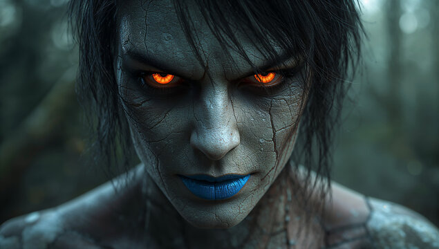 Close-up of a scary zombie woman with glowing orange eyes and cracked skin dark fantasy horror concept blue lips make up horror movie digital art halloween apocalypse supernatural creature