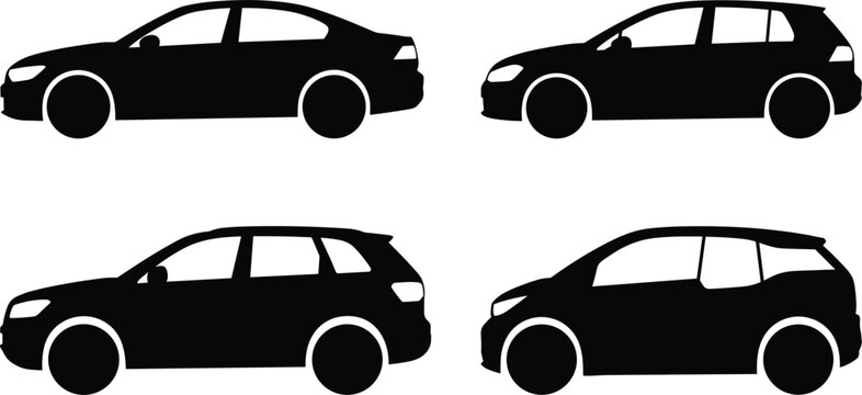 Automotive Vehicle Silhouette Icon Set Featuring Sedan Hatchback SUV and Electric Micro Car Vectors for Transport Graphic Designs
