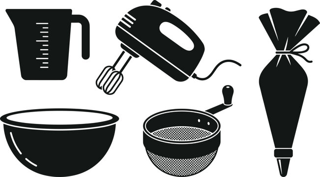 Baking and Pastry Cooking Icon Set Featuring Measuring Jug Hand Mixer Piping Bag Bowl and Sifter Silhouette Vector Graphics