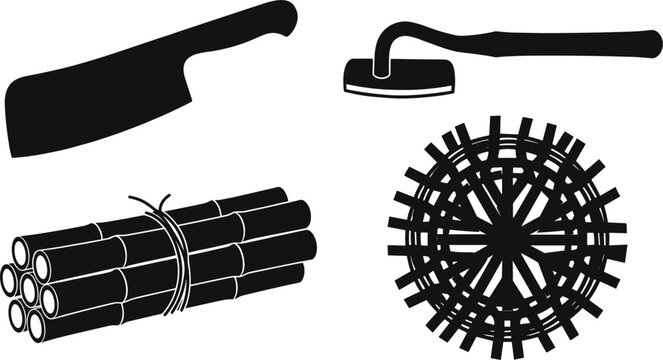 Bamboo Processing and Crafting Tools Icon Set Featuring Cleaver Knife Scraper Stalk Bundle and Woven Basket Base Silhouette Vector Graphics