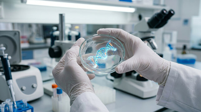 Synthesizing luminous photons into a geometric double helix structure contained by transparent silicate glass held in a professional workspace.