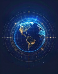 Naklejka premium Futuristic digital Earth globe illustration with glowing city lights, surrounded by abstract golden rings and gridlines, representing global network connectivity, tech, and data.