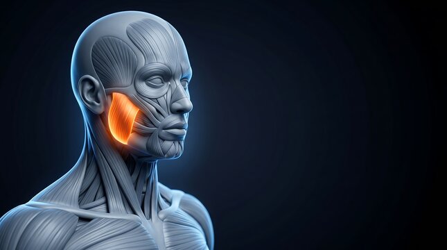 Detailed 3D anatomical illustration of human head and neck musculature with a highlighted area on the jaw muscle, for human muscular system education.