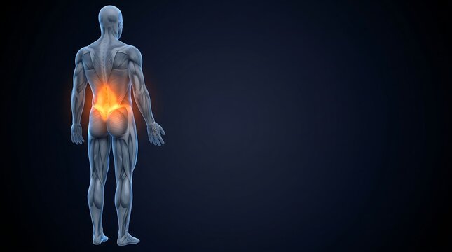 3D rendering of a male human body showing lower back pain with a glowing orange area on a dark background, for human muscular system education.