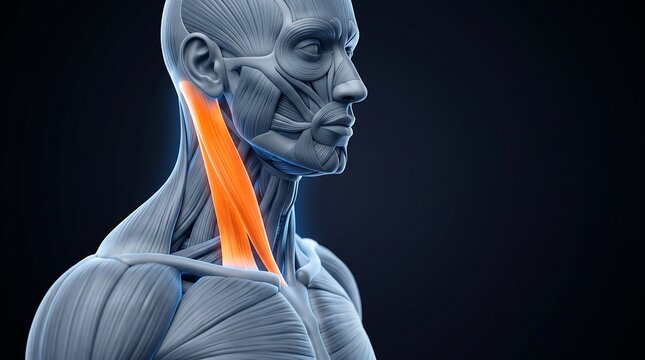 3D anatomical illustration of the human neck and upper chest muscles, highlighting the sternocleidomastoid muscle in orange, for human muscular system education.