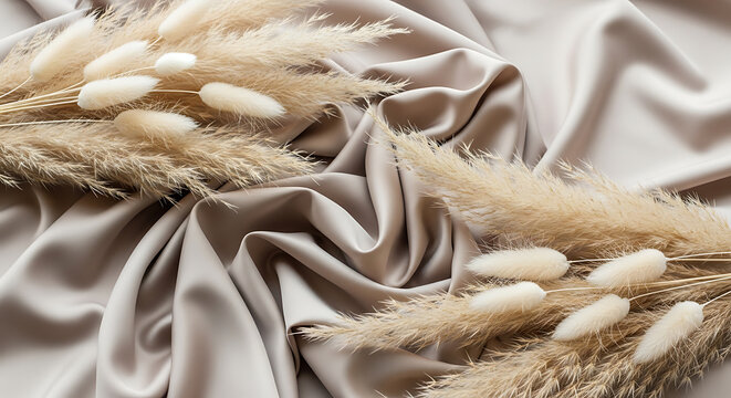 Dried pampas grass and lagurus arrangement on draped beige satin fabric soft focus botanical cloth close-up decor design