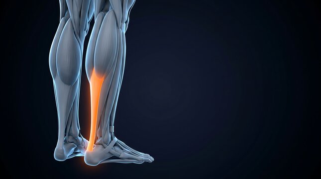 3D rendering of human lower leg anatomy showing the Achilles Tendon muscle highlighted in orange on a dark background, for human muscular system education.