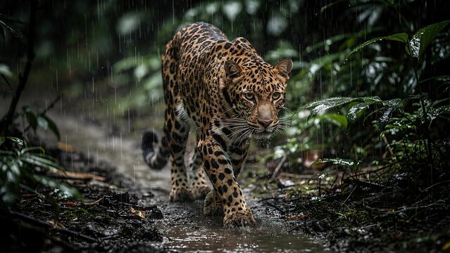 Wild leopard walking through rainy forest
