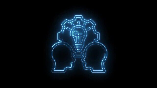 Neon light glowing abstract symbol of two heads facing each other with a lightbulb idea inside icon