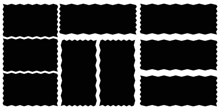  postage stamps set. Black post stamp frames and borders. Rectangle, square template for mail, postcard, letter, note. Vector illustration.