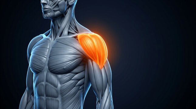 3D rendering of human anatomy showing the deltoid muscle highlighted in the shoulder region on a dark background, for human muscular system education.