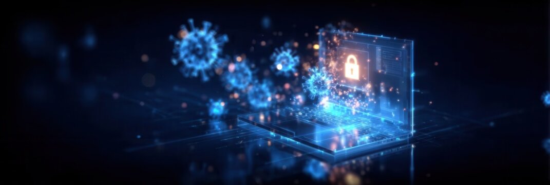 The laptop screen shows a notification to safeguard the network from a virus detected during an online phishing scan performed by the admin.