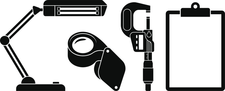 Gemology and Jewelry Inspection Tools Icon Set Featuring Ultraviolet Desk Lamp Loupe Magnifier Digital Micrometer and Appraisal Clipboard Vector Graphics