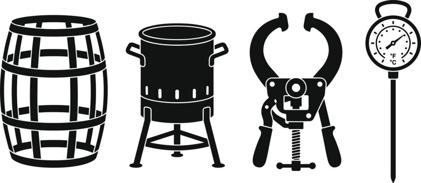 Home Brewing and Winemaking Equipment Icon Set Featuring Wooden Oak Barrel Metal Kettle Burner Stand Bottle Capper and Dial Thermometer Vector Graphics