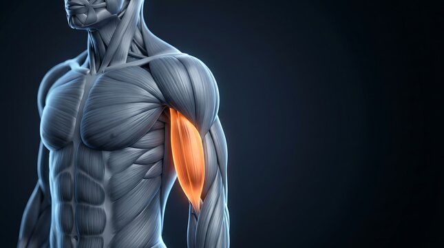 3D rendering of human arm muscles, highlighting the biceps in orange against a dark background, illustrating anatomy and strength, for human muscular system education.