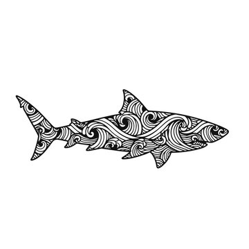 Intricate shark silhouette filled with black and white ocean wave patterns and decorative zentangle swirls, isolated on a white background for tattoo design, logo or coloring page.