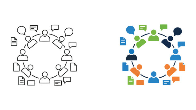 Team communication and documentation sharing network vector illustration set for corporate collaborative projects and project management