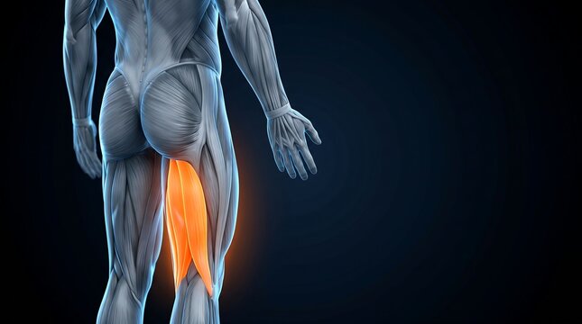 3D rendering of human anatomy showing the muscular system with highlighted hamstring muscles on a dark background, for human muscular system education.