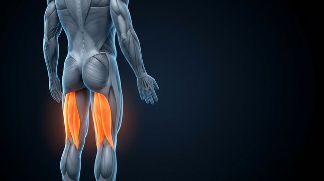 3D rendering of human male anatomy showing highlighted hamstring muscles on a dark background, for human muscular system education.
