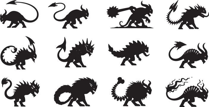 Set of twelve black silhouette illustrations featuring various fantasy monsters, demonic creatures, and aggressive beasts with horns, spikes, and long tails on a white background.