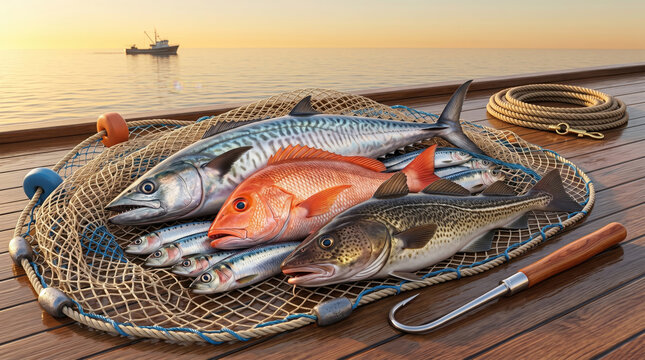 Fresh fish catch in a fishing net on a wooden boat deck with a distant ship at generated using ai