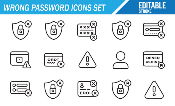 Wrong password and login security icon pack with authentication and privacy symbols