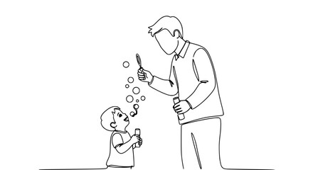 Father and Son Blowing Bubbles - Continuous Line Art © Wachidatun
