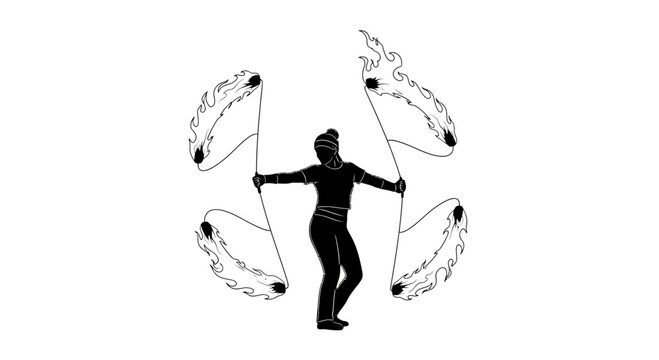 Silhouette of a female fire dancer performing with flaming fans.