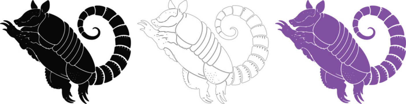 Armadillo vector silhouette icon set with line art and purple tattoo design on transparent