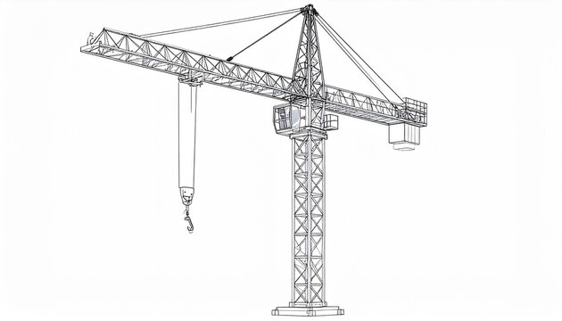 Detailed Line Drawing of a Construction Crane on White Background.