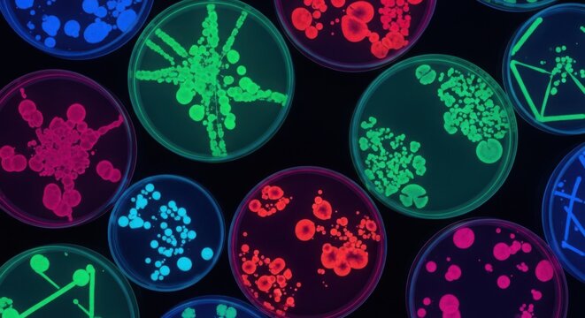 Vibrant bacterial colonies glowing in petri dishes, showcasing diverse microbial growth patterns under laboratory illumination