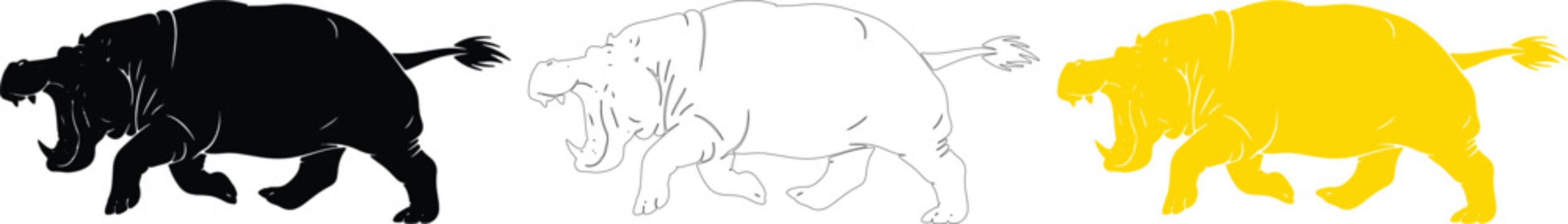 Hippopotamus vector icon set with roaring hippo outline and yellow on transparent background