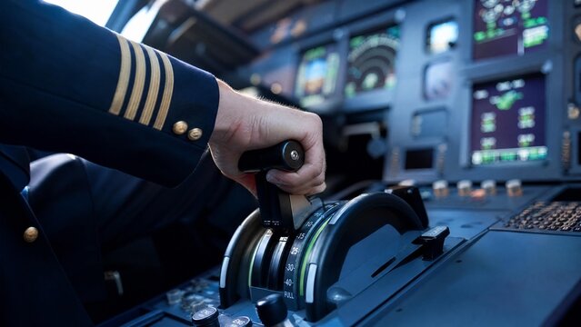 Commercial Airline Pilot Hand Controlling Thrust Levers in Modern Aircraft Cockpit