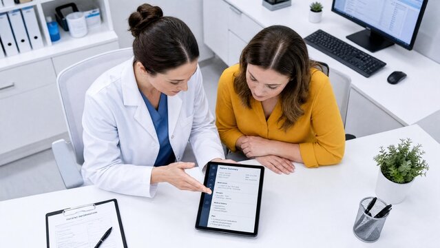 Female Doctor Showing Digital Patient Records on Tablet to Woman in Medical Clinic