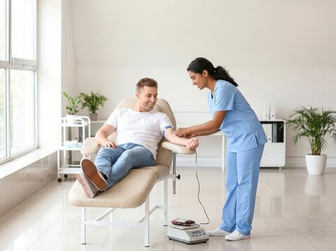 Medically Perfect Accurate Blood Donation with Nurse and Donor in Modern Clinic - Copy Space