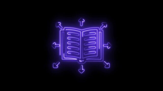 Glowing neon open book with arrows radiating outwards symbolizing knowledge sharing icon