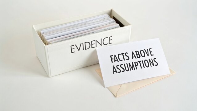 White box labeled evidence with cards inside and a note stating facts above assumptions on a light background