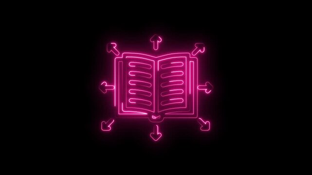 Neon pink open book with arrows radiating outwards symbolizing knowledge sharing information... icon