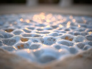 Obraz premium Close view of sea foam pattern in natural setting capturing bubbles and light during early morning