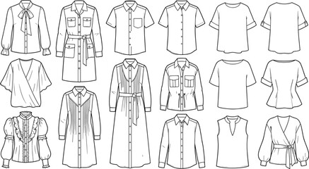 Naklejka premium Womens fashion technical flat sketches collection of casual dresses shirts and blouses vector line art illustration for apparel design
