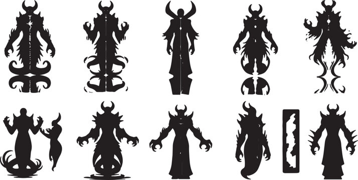 A comprehensive collection of ten distinct black silhouette illustrations depicting dark fantasy characters, demonic warriors, and mythical monster figures with horns and spikes.
