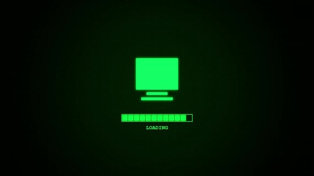 Retro green computer loading screen with progress bar and blinking cursor on dark background